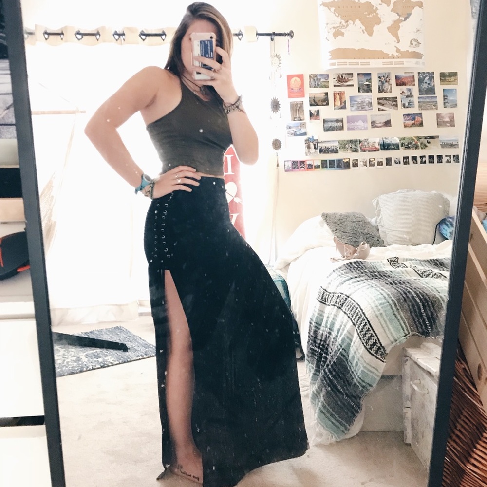 Lace Up Slitted Maxi Skirt